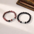 Magnetic couple bracelets set with stone beads and His Queen Her King silver charms - Pink Stone & Black Lava - King Queen Lettering