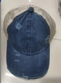 Blue washed denim ponytail baseball cap with beige mesh and distressed vintage detail - Navy Blue Beige Mesh