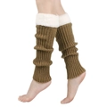 Close-up of brown knit leg warmers with soft white faux fur trim on a model - One Size / Khaki
