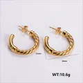 Golden C-shaped twisted rope texture stainless steel earrings with polished details - Amleh010