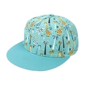 Close-up of printed kids baseball cap featuring giraffe patterns and palm tree details - Giraffe