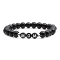 Pulsera de cuentas negras brillantes con letras MOM y espaciadores de plata de regalo - 8mm / Piedra Pulida MOM (NSB00157)