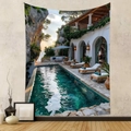 Detail of bohemian tapestry featuring a Mediterranean landscape with a blue pool and archway - Gt202450