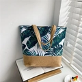 Linen tote bag with tropical green leaves pattern and jute bottom for women - Green