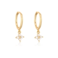 Golden hoop earrings with four-petal flower charms and clear cubic zirconia stones - Gold White Zirconia