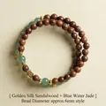 Golden Phoebe wood and blue jadeite double-loop bracelet with a gold fortune pendant - Golden Sandalwood + Blue Water Jade Double Circle 6mm