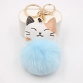 Cute lucky cat plush ball keychain with golden metal clasp and light blue pom pom - Gold Buckle Cat / Light Blue