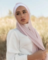 Light pink pearl chiffon long hijab scarf worn with a white undercap and top - Pink
