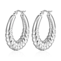 Silver oval hoop earrings with wheat pattern texture in polished stainless steel - Wheat Ear Hollow (MS-009) / Steel