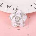 Close-up of a 26mm white enamel camellia flower charm with rhinestones and size labels - 1 Piece / D331 Single Small Camellia (Pure White)