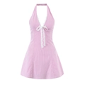 Pink and white striped halter dress with deep V-neck and delicate lace trim for summer wear - S / Pink Stripe