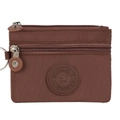 Minimalist dark brown nylon coin purse with double zipper and metal keychain ring - Dark Brown