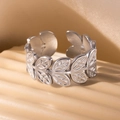 Adjustable hollow leaf open ring in silver finish with minimalist stainless steel design - Leaf Steel Color 80