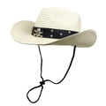 Δυτικό ψάθινο καπέλο cowboy σε κρεμ με δερμάτινη ζώνη νεκροκεφαλής και λουράκι - M (56-58cm) / Κρεμ