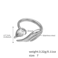 Stainless steel feather open ring with water drop zircon in size 7, weighing 3.22g - US 7 / Steel White Zircon (A508)