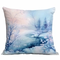 Blue winter landscape throw pillow cover with snowy frozen lake and frost leaf design - Winter Snow Landscape (CDR350-10)
