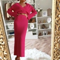 Completo in maglia color magenta con top corto scollo a V e gonna lunga a vita alta - Taglia S / Rosso