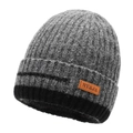 Herren Winter-Strickmütze in Grau und Schwarz mit geprägtem Leder-Patch und Futter - Einheitsgröße / Dunkelgrau