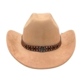 Classic khaki western cowboy hat with studded leather band and round metal emblem - One Size / Camel