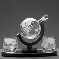 Detailed set of globe decanter with glass sailing ship inside and two etched world map glasses - Oval Wood Stand, Bottle And Cups