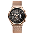 Men's rose gold mesh watch with black striped dial and date display by YOLAKO - Black Dial Rose Gold Band
