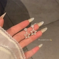 Sparkling S925 silver star earrings with white zircon stones on a lace background - Double Star Pendant (A2653 Silver)