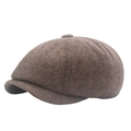 Detail van de bruine visgraatpatroon newsboy cap met klassieke paneelstiksels - Khaki