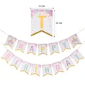 Unicorn Happy Birthday banner in macaron colors with floral accents and gold glitter trim - Banner