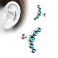 Surgical steel curved earring stud featuring five blue cubic zirconia stones - Ball Style / Lake Blue