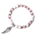 Pink cat eye and white howlite beaded bracelet with vintage silver wing charm - Pink Cat's Eye