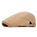 Beige knitted newsboy cap with textured weave fabric and adjustable bronze buckle - Adjustable / Camel