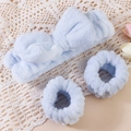 Light blue coral fleece headband and wristband set with a plush bow for face washing - 3-Piece Headband Set / Blue