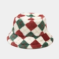 Dettaglio della trama a quadri in peluche del cappello a secchiello invernale - Quadri Rossi e Beige
