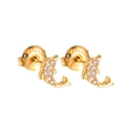 Golden stainless steel dolphin stud earrings with white cubic zirconia on white background - Dolphin