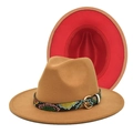 Two-tone wool fedora hat in khaki and red with stylish geometric snake pattern band - M (56-58cm) / Camel and Red