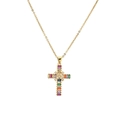 Collier croix dorée avec pierres de zircon colorées et micro-pavé de pierres blanches - Style Classique Incrusté de Pierres Précieuses Multicolores (CN001403CX)