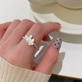 Adjustable S925 sterling silver ring with textured leaf design and pink zircon accent - J5431 Silver Brushed Leaf Open Ring