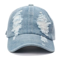 Close-up of light blue washed denim baseball cap with vintage distressed ripped details - Adjustable / Light Blue