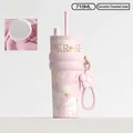 Pink floral 710ml stainless steel straw cup with ceramic lining and love text - Gold Stamping Pink Ceramic
