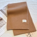 Thick caramel brown ribbed knit winter scarf with minimalist white brand woven label - Khaki