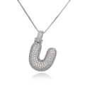 Detailed view of silver letter U pendant with micro-paved cubic zirconia on a box chain - Letter U (DX34-U)