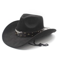 Classic black faux suede western cowboy hat with silver bull head and adjustable cord - M (56-58cm) / Black