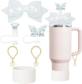 Detailed set of white glitter bows and golden butterfly charms for Stanley tumbler cups - White
