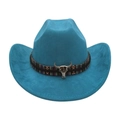 Blauer Cowboyhut im Ethno-Stil mit buntem Band und silbernem Stierkopf-Ornament - Malachitgrün