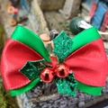 Christmas bow with red and green holly leaves and berries for gift decor - Style 7 No Bells