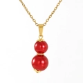 Titanium steel necklace featuring a red double pearl gourd pendant with gold accents - Red