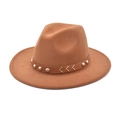 Bruine wollen vilten fedora hoed met leren band, metalen noppen en een brede rand unisex - Khaki