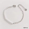 Silver stainless steel paperclip chain bracelet with white pearls and S.steel tag - Pearl Silver (SBP742)