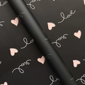 Waterproof matte black flower wrapping paper with pink hearts and white love script - Heart Love - Dawn Black