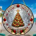 Stained glass style acrylic Christmas tree hanging ornament with stars and berries - 15x15cm